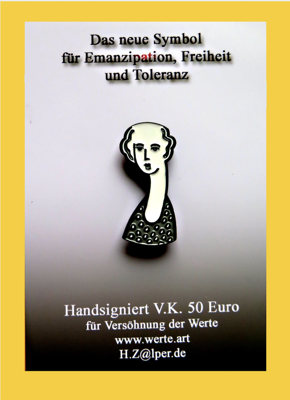 Werte-Anstecker von Heinz Zolper. Symbol für Emanzipation, Freiheit und Toleranz. ArtForum Editions